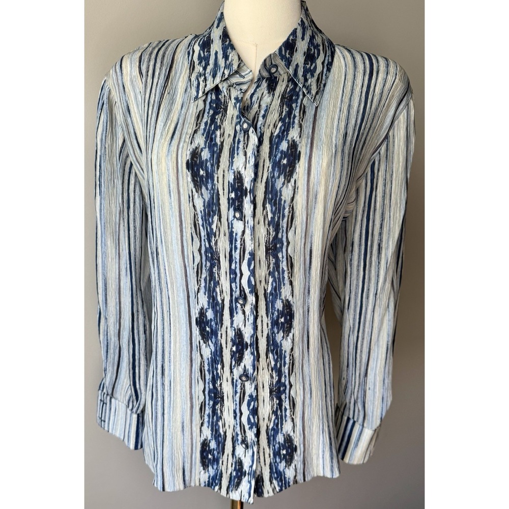 St John Collection Silk Button Down Blouse Blue Stripe Sz 14 Top